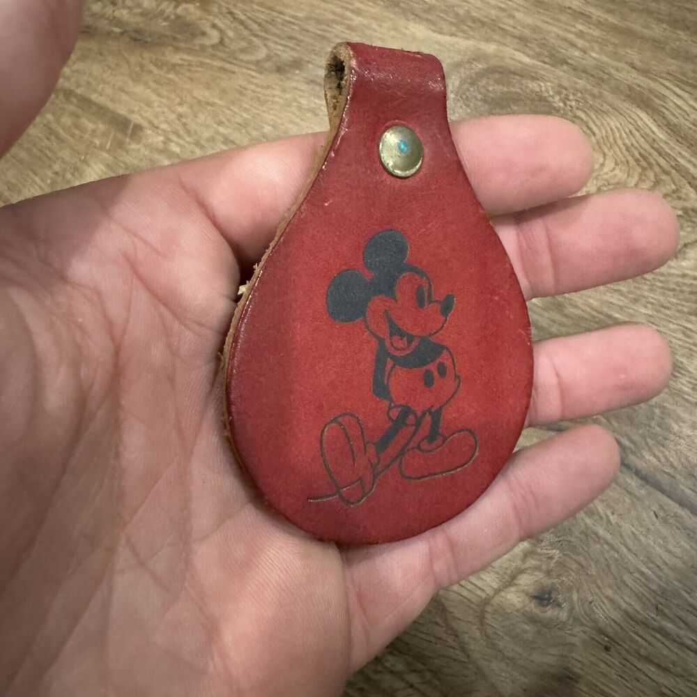 Vintage Walt Disney Productions Mickey Mouse Leather KeyChain Key Ring Fob Tag